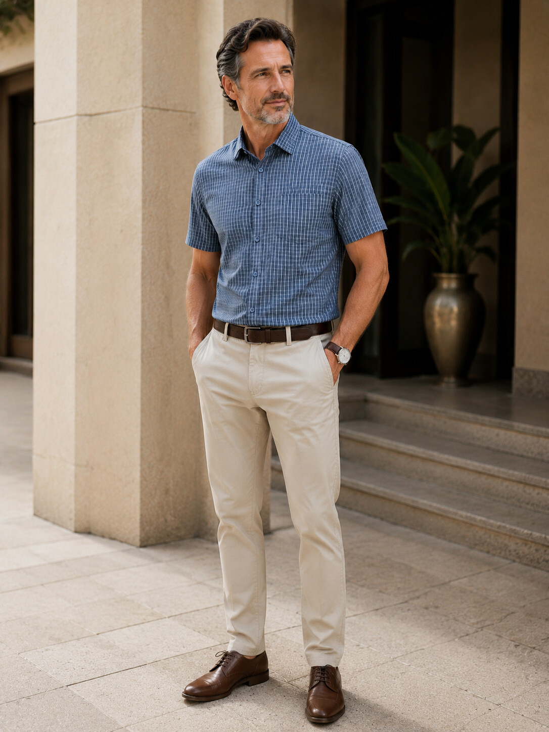 Linen Cotton Blend Plaid Shirt-Bellvero