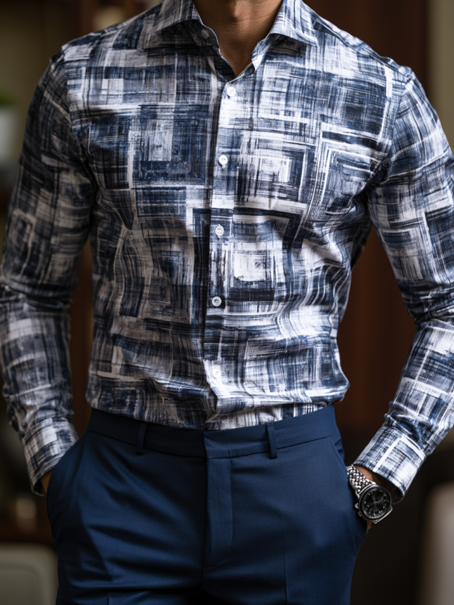 Navy Blue Abstract Brush Plaid Dress Shirt
