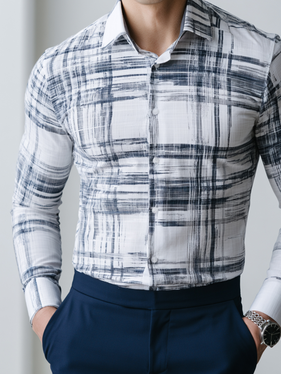 Men’s Artistic Grid Print Dress Shirt