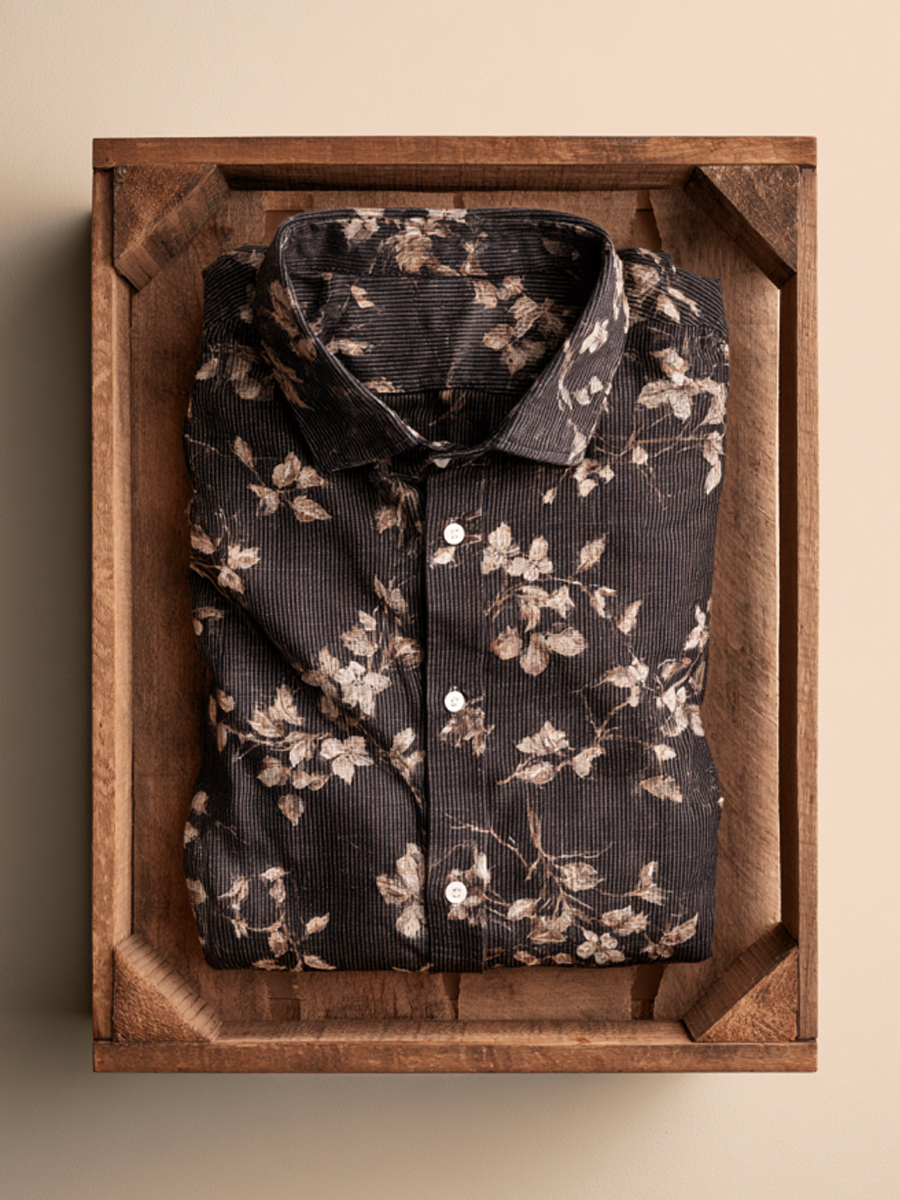 Men’s Black Pinstripe Floral Print Dress Shirt