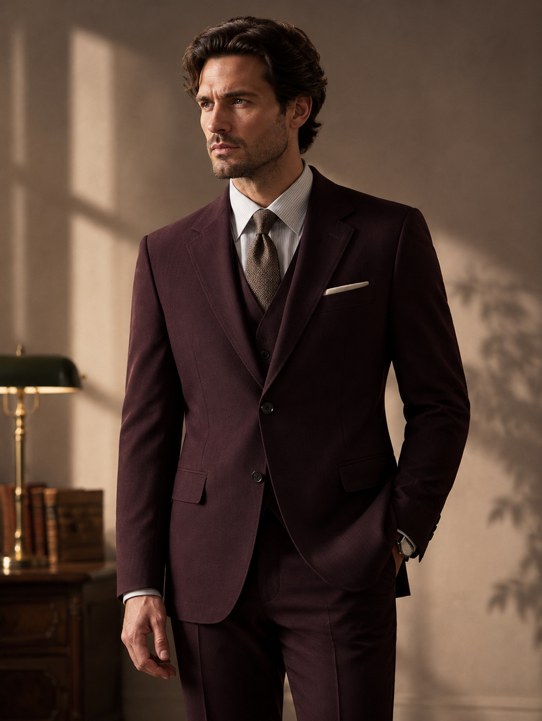 Wool Blend Stretch Burgundy Suit Vest