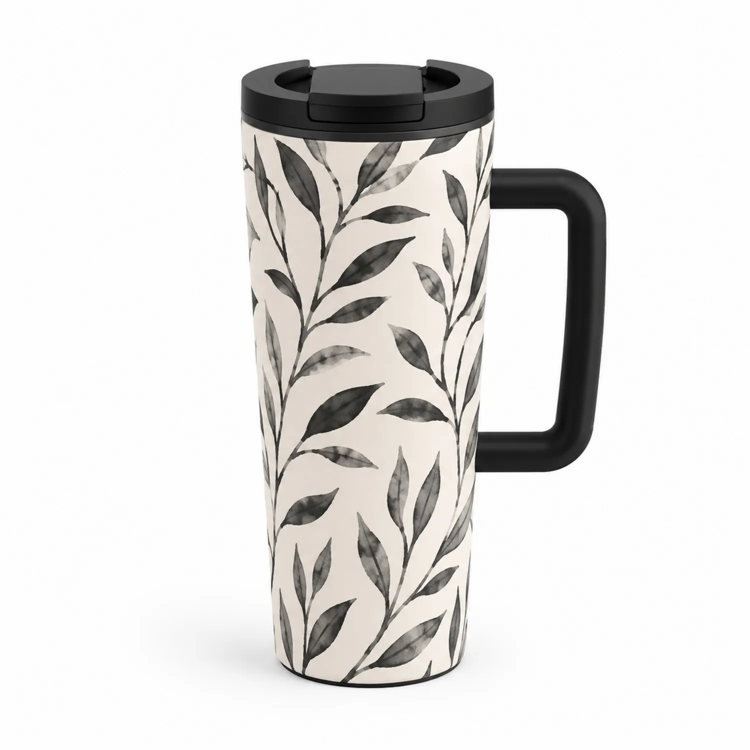 Taza Térmica con Diseño de Hojas en Blanco y Negro