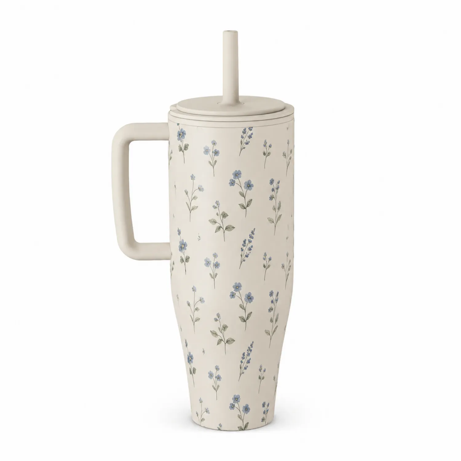 Taza de cerámica con pajita y diseño floral azul