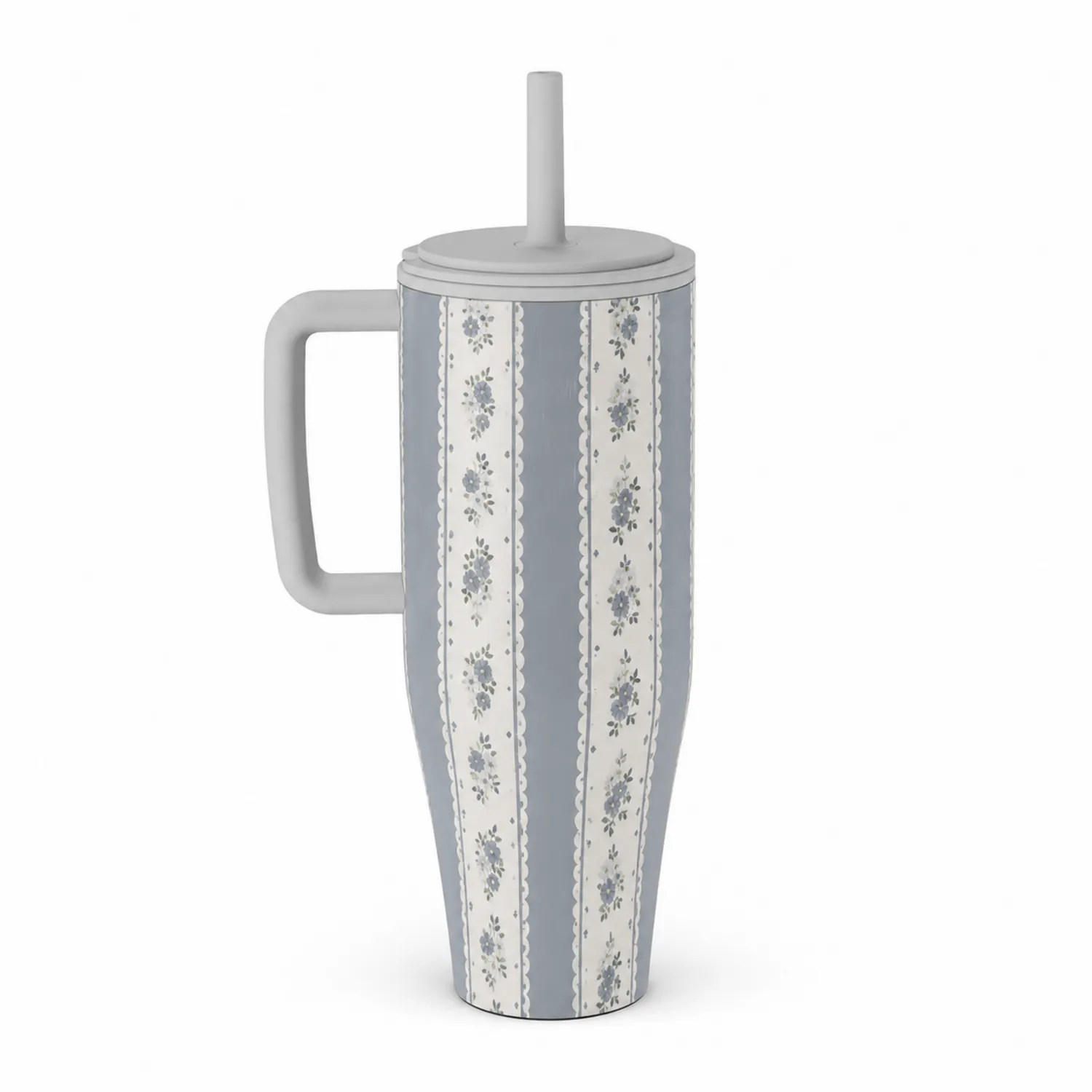 Taza con Tapa y Sorbete 500ml Diseño Floral Azul