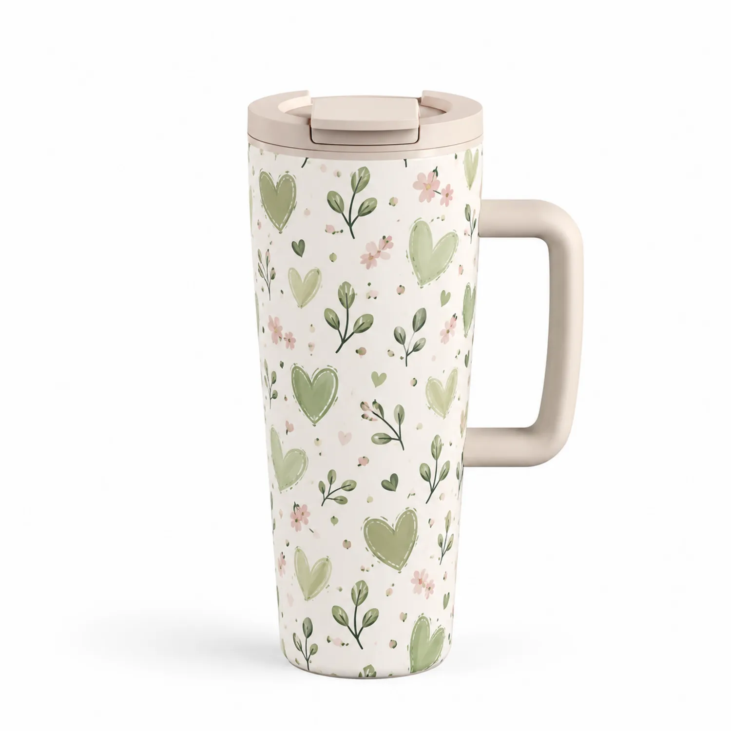 Taza térmica con asa diseño corazones y plantas 590 ml