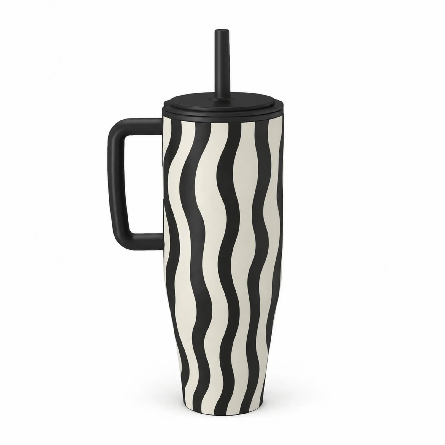 Taza térmica con diseño ondulado en blanco y negro, con asa y pajita