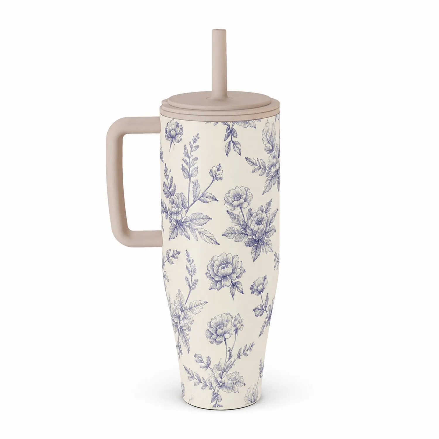 Taza con pajita 480ml diseño floral crema y azul
