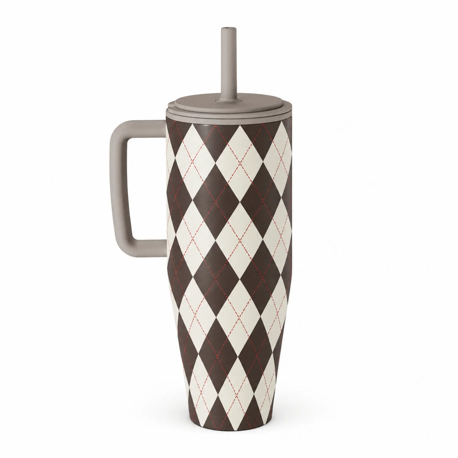 Vaso térmico con diseño de rombos, tapa y pajita 500ml marrón/blanco