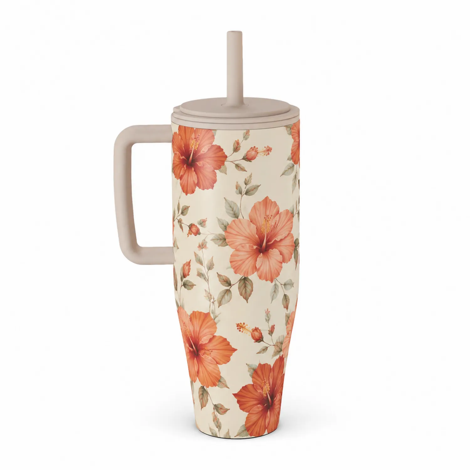 Taza Térmica 1000ml con Diseño Floral y Pajita Integrada Beige