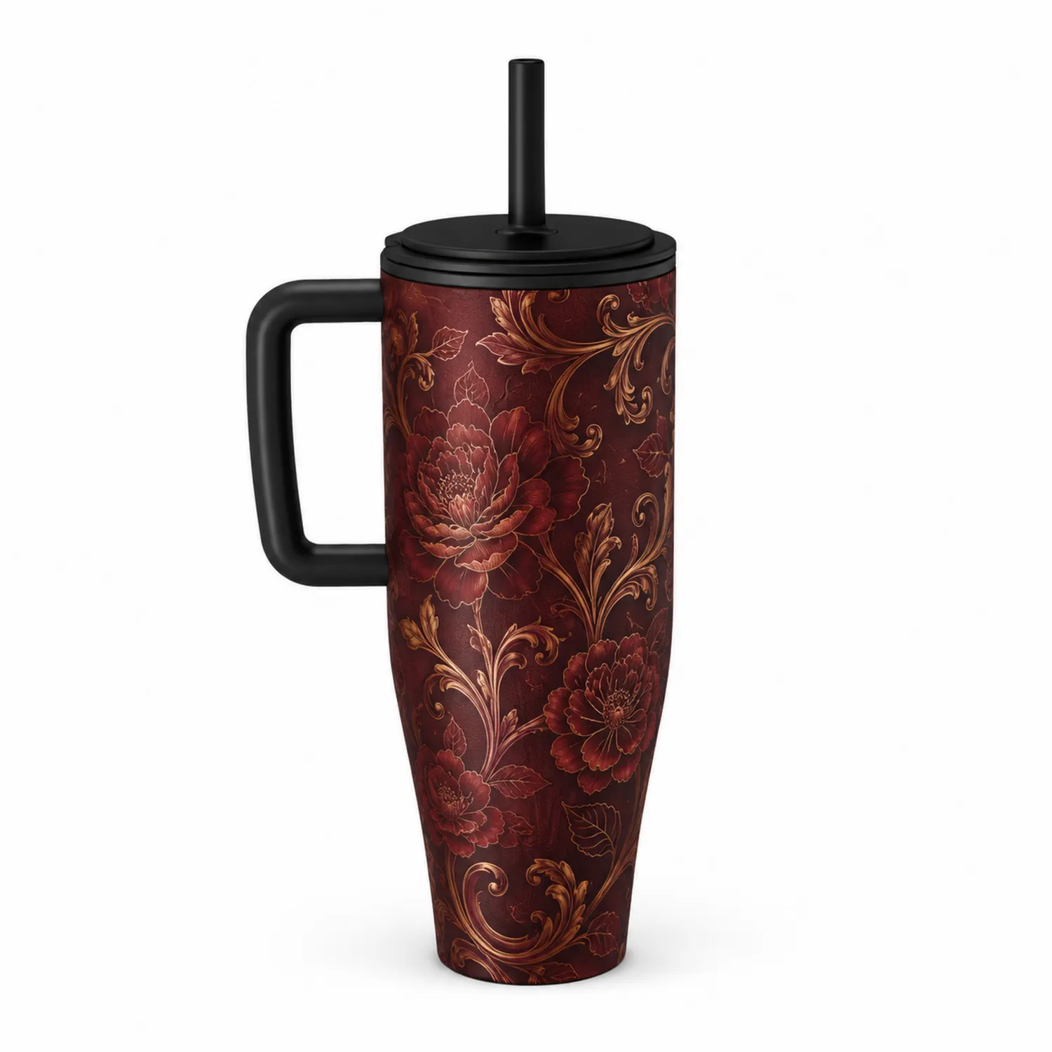 Taza de Viaje con Asa y Tapa Antigoteo - Diseño Floral Rojo y Marrón
