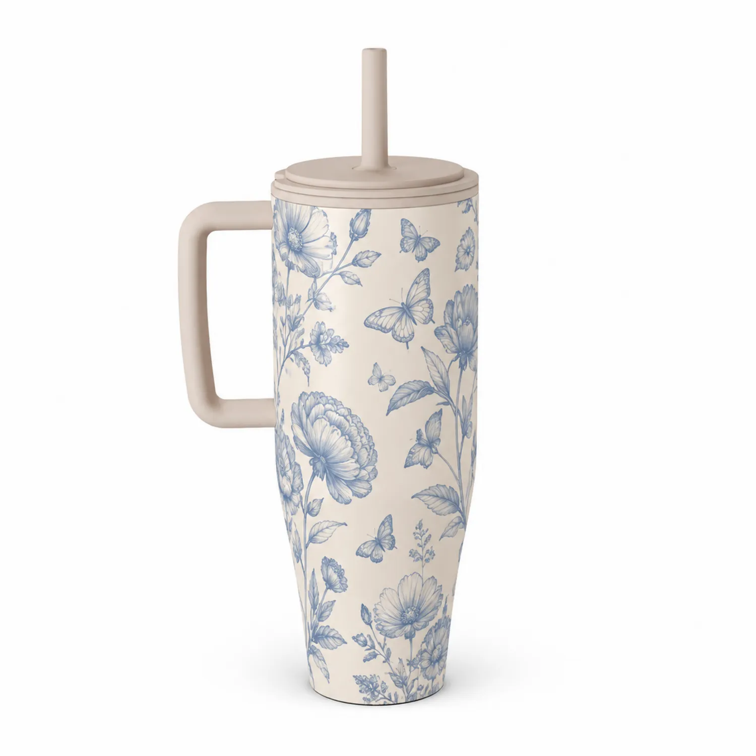 Vaso térmico floral con pajita 750ml azul