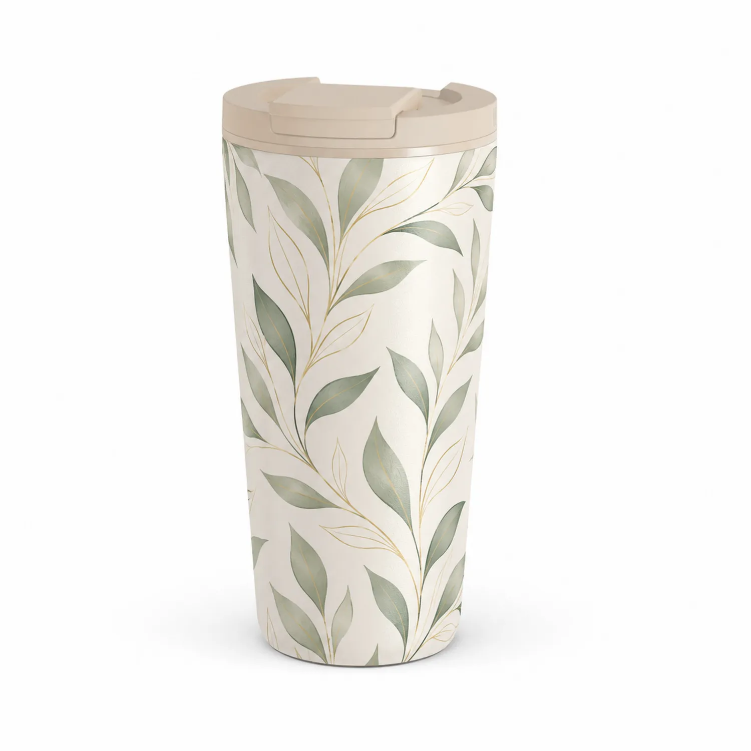 Taza térmica de 400ml con diseño de hojas verde y crema
