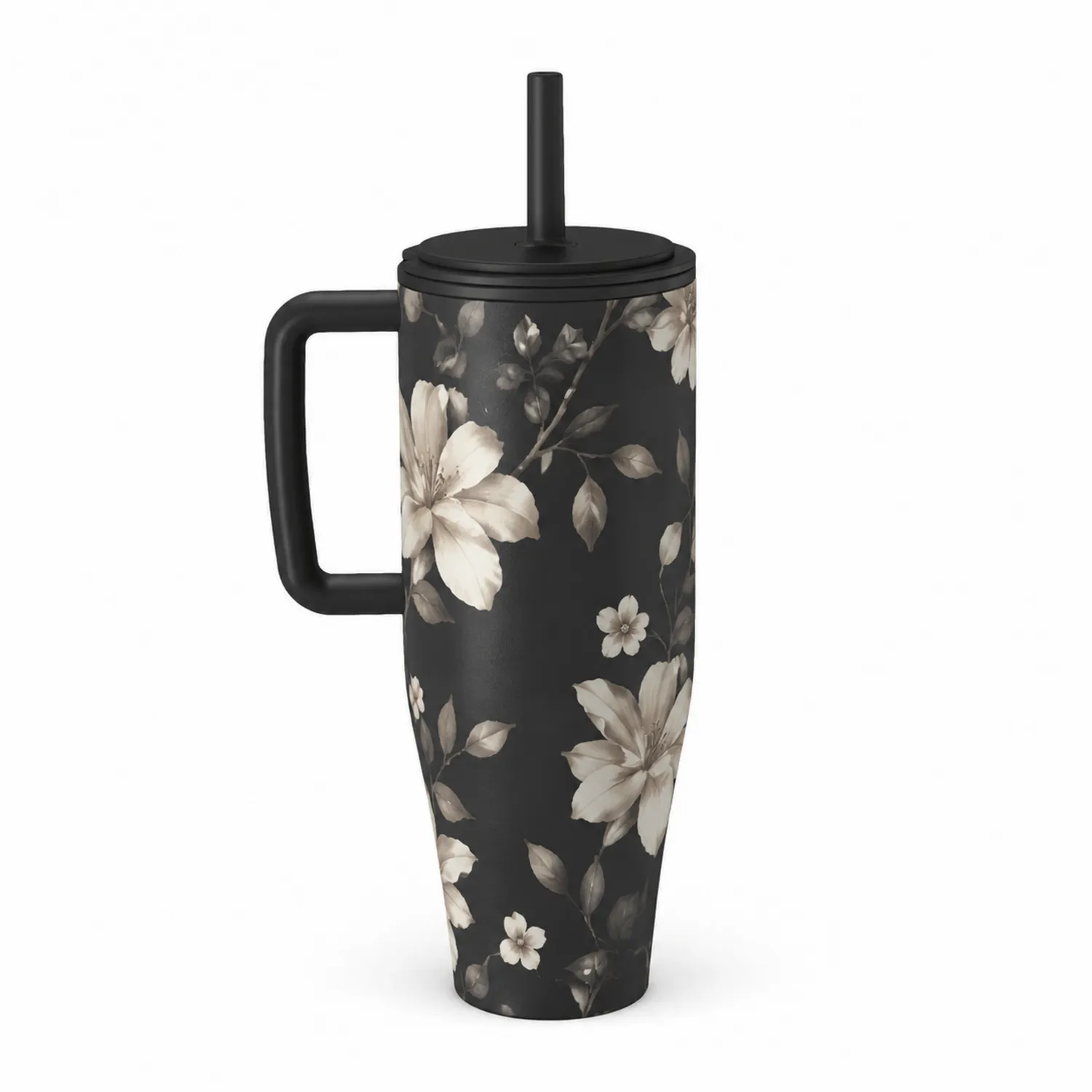 Taza térmica negra con diseño floral y tapa con pajita