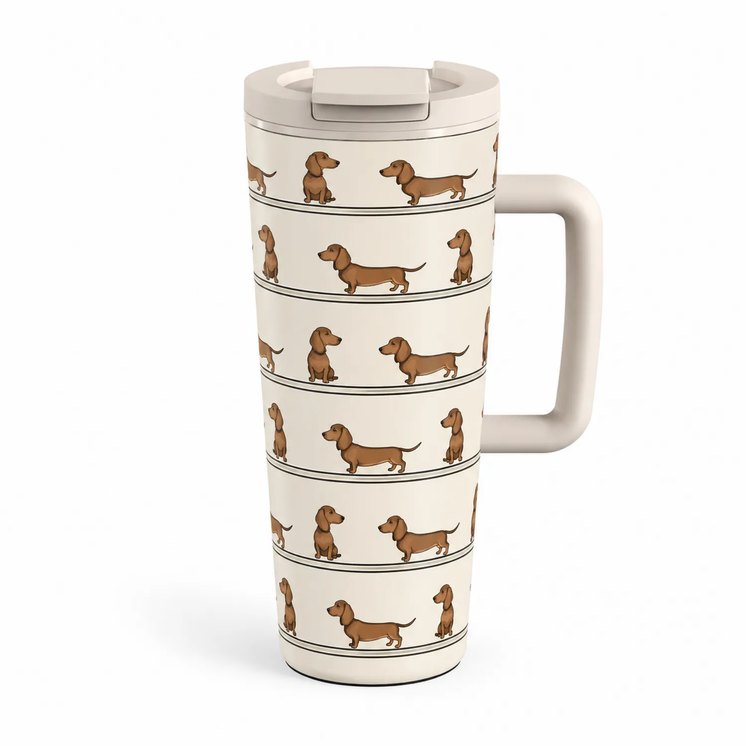 Taza térmica con diseño de perro salchicha y asa, color crema