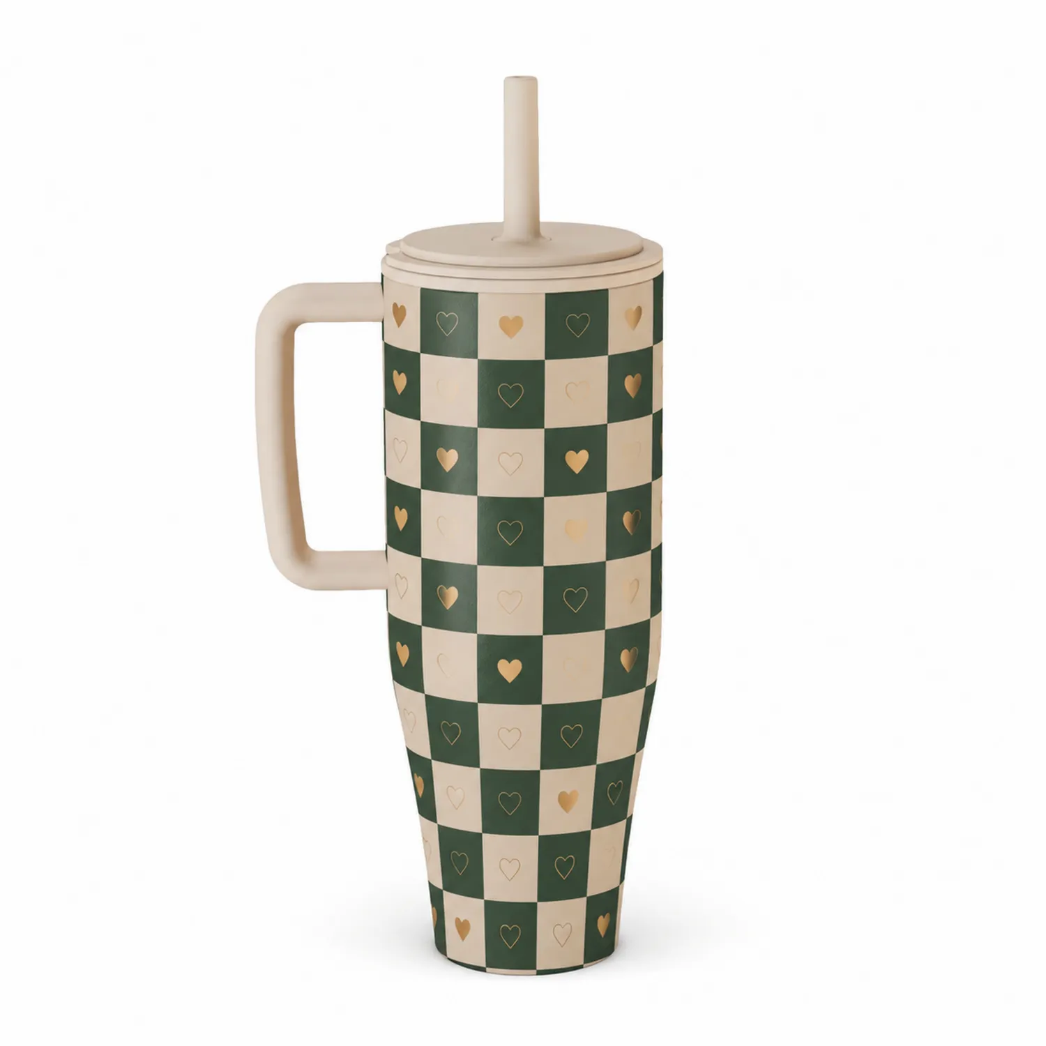 Taza térmica con pajita 400ml con diseño de corazones verde/beige
