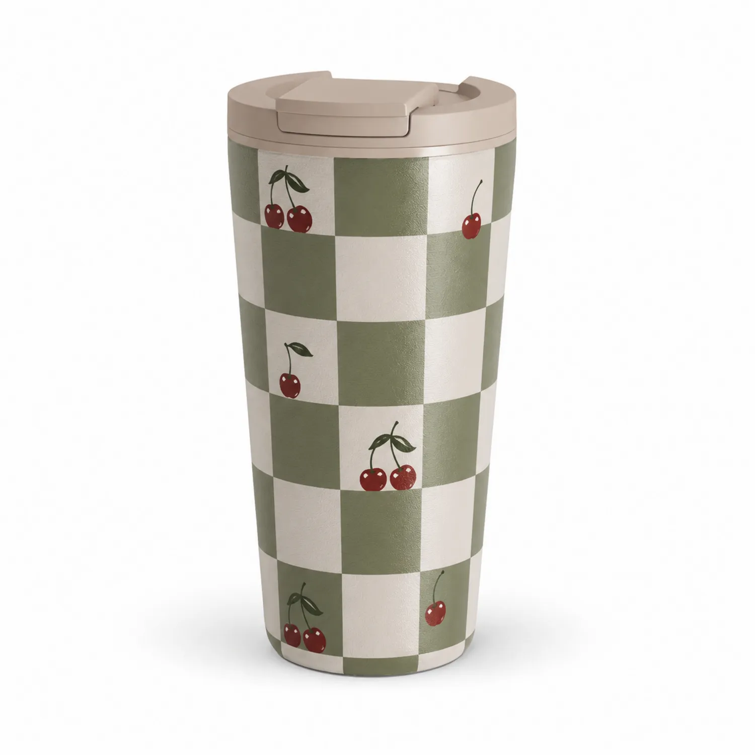 Taza térmica con diseño de cuadros y cerezas, 300ml