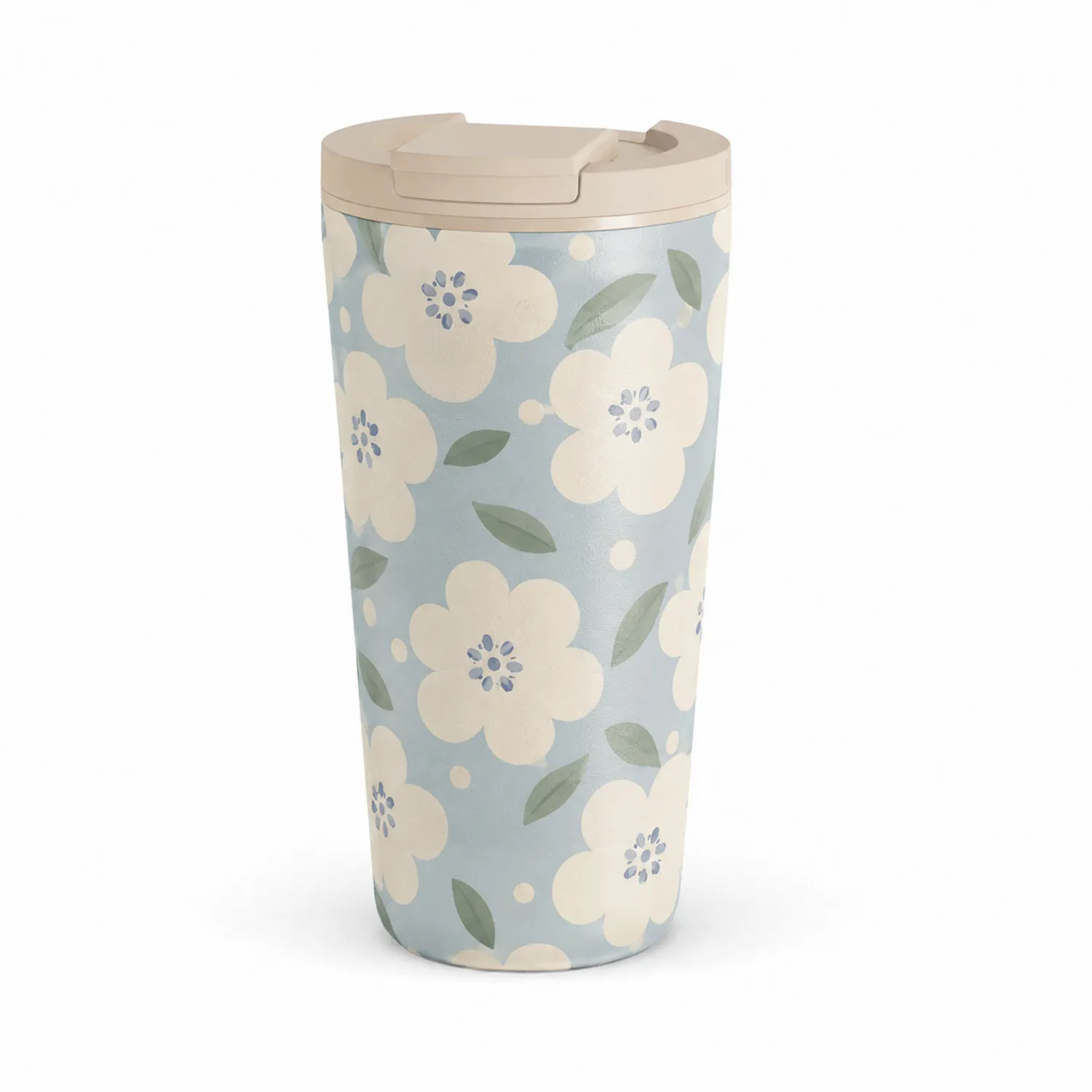 Taza Térmica Floral Azul 450ml con Tapa Beige