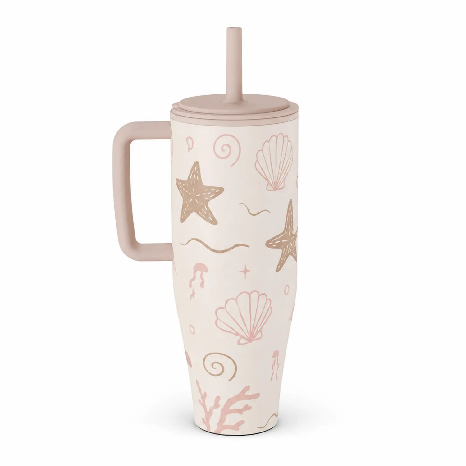 Taza Reutilizable con Pajita 500 ml Diseño Marino Rosa y Beige