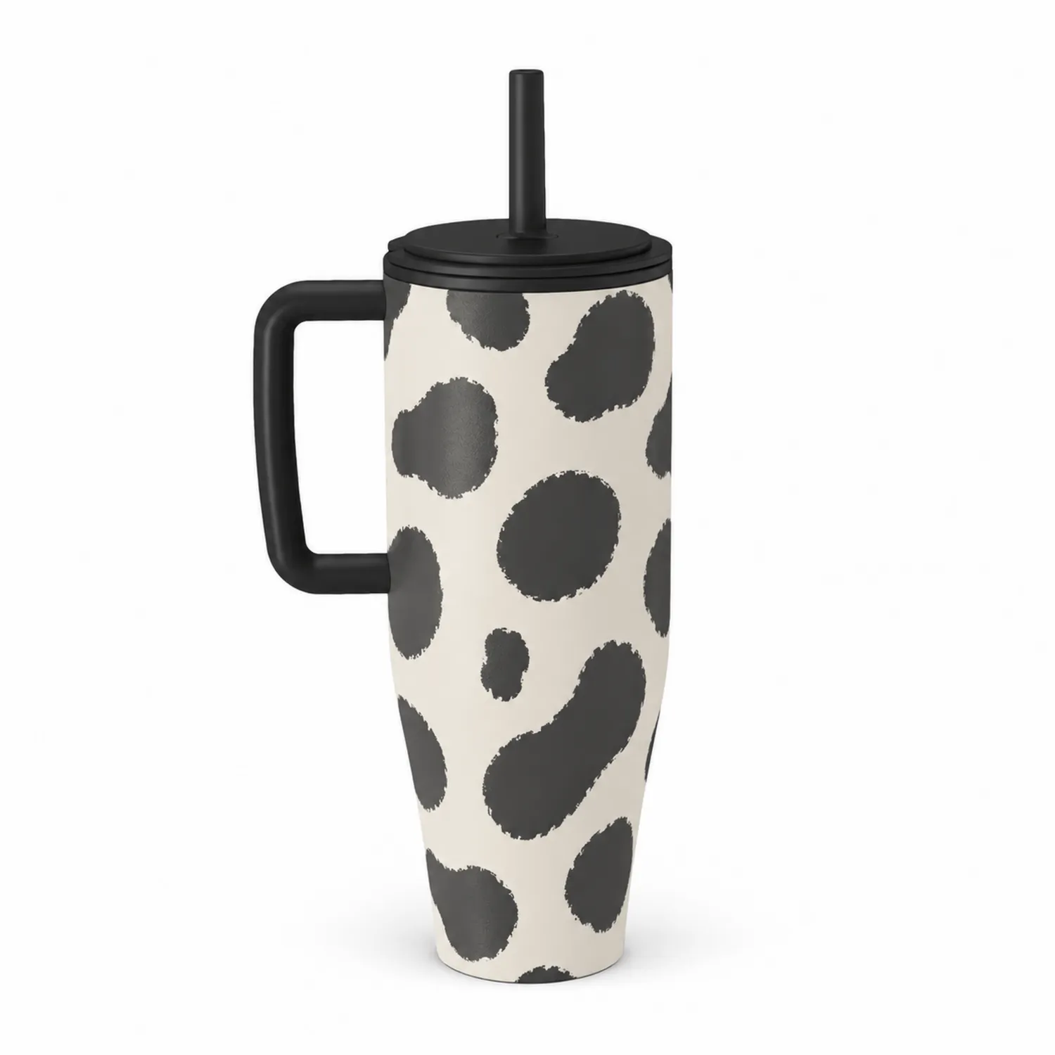 Taza Térmica con Asa y Pajita Diseño de Vacuno Blanco y Negro