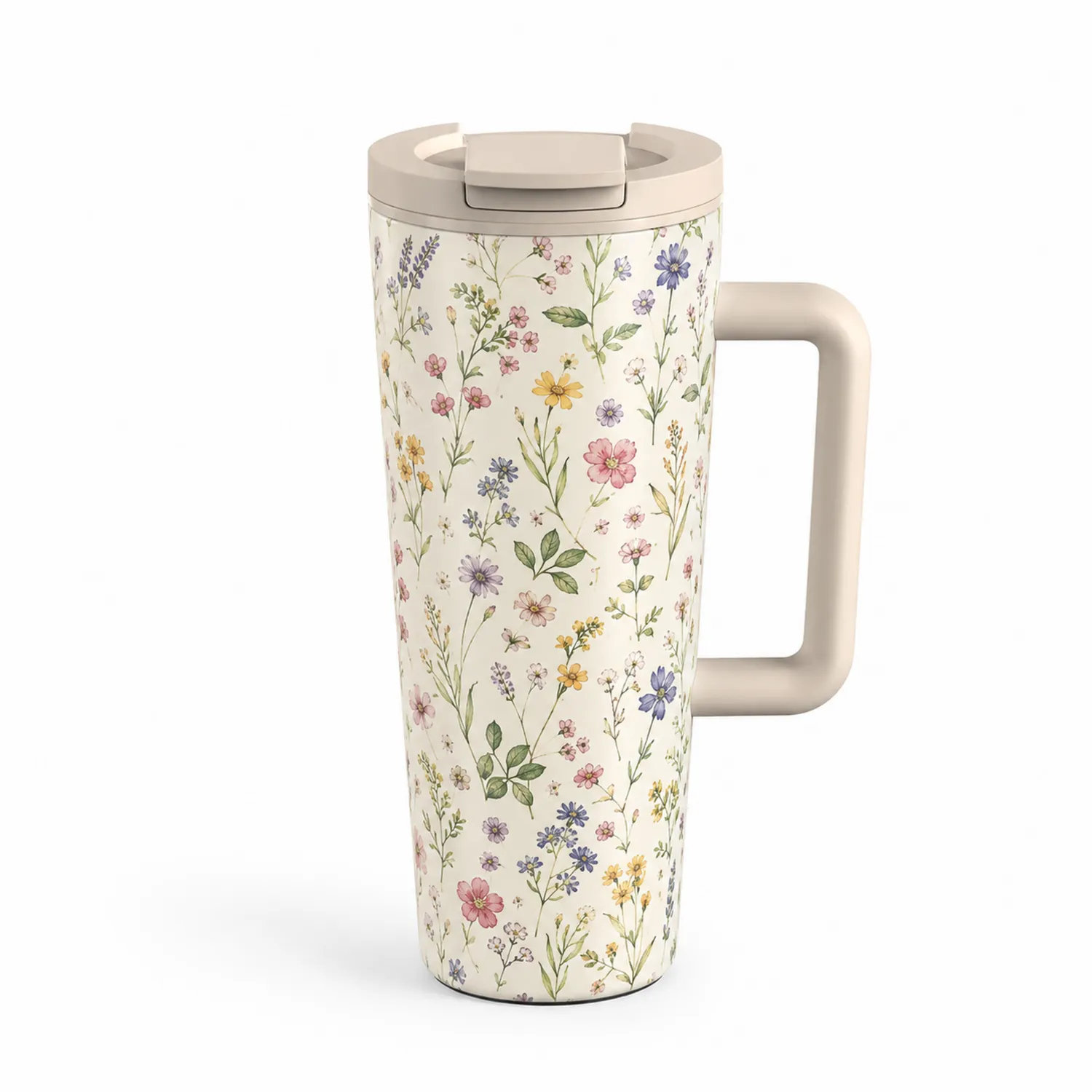 Taza Térmica con Diseño Floral y Asa 450ml Crema