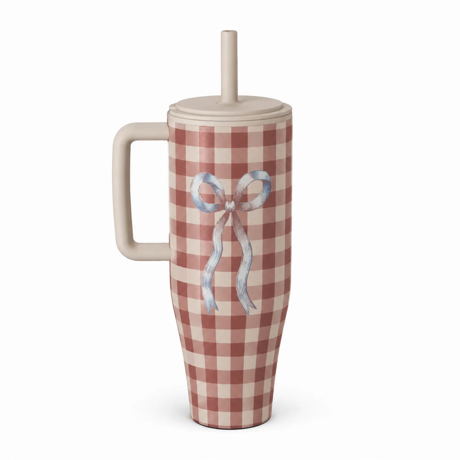 Taza térmica de viaje con asa 950ml cuadros beige y rojo con lazo