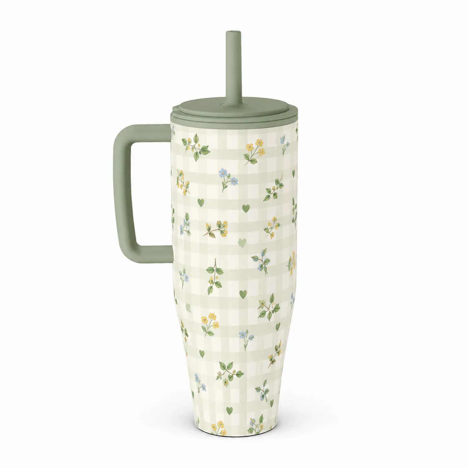 Taza Térmica Floral Gingham con Tapa y Pajita 710 ml Verde