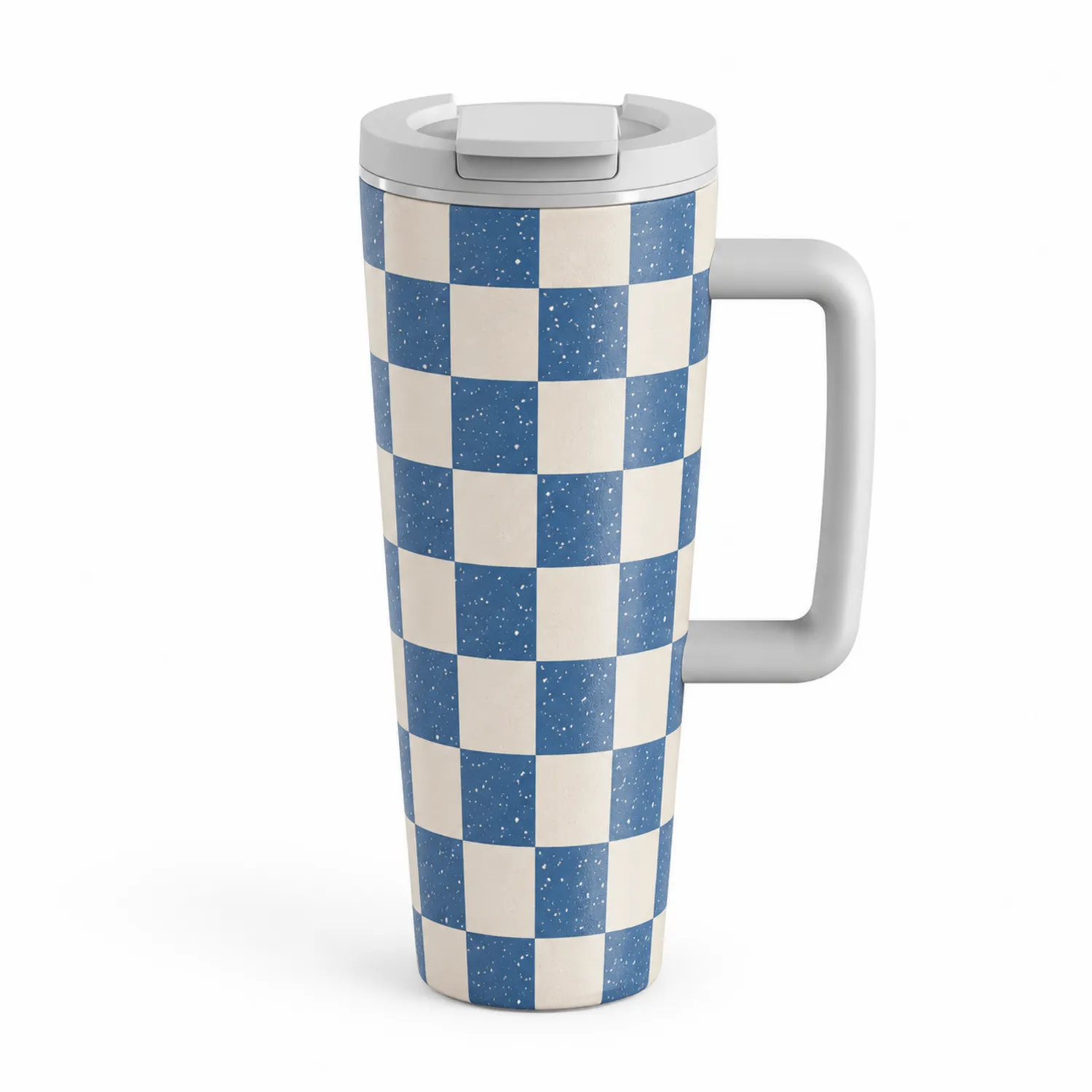 Taza térmica de viaje 450ml azul y blanco diseño de cuadros