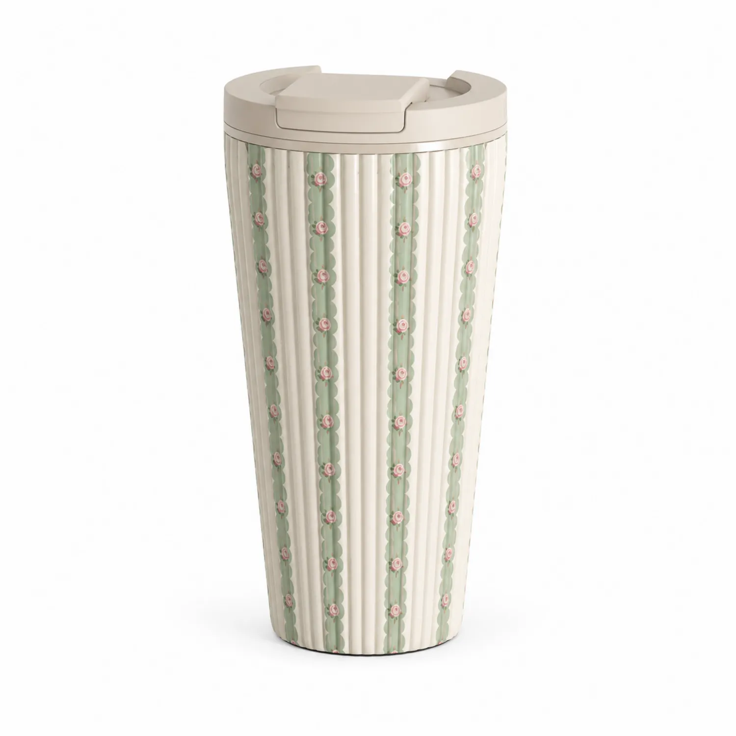 Taza Térmica de Viaje 450ml Verde y Crema con Tapa Abatible