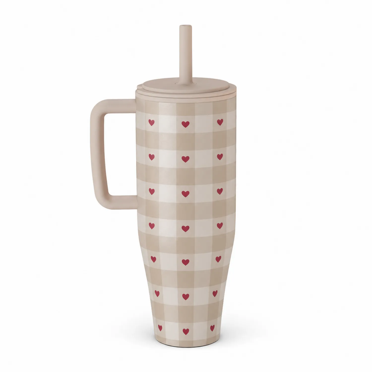 Taza térmica con pajita diseño cuadros y corazones beige y rojo