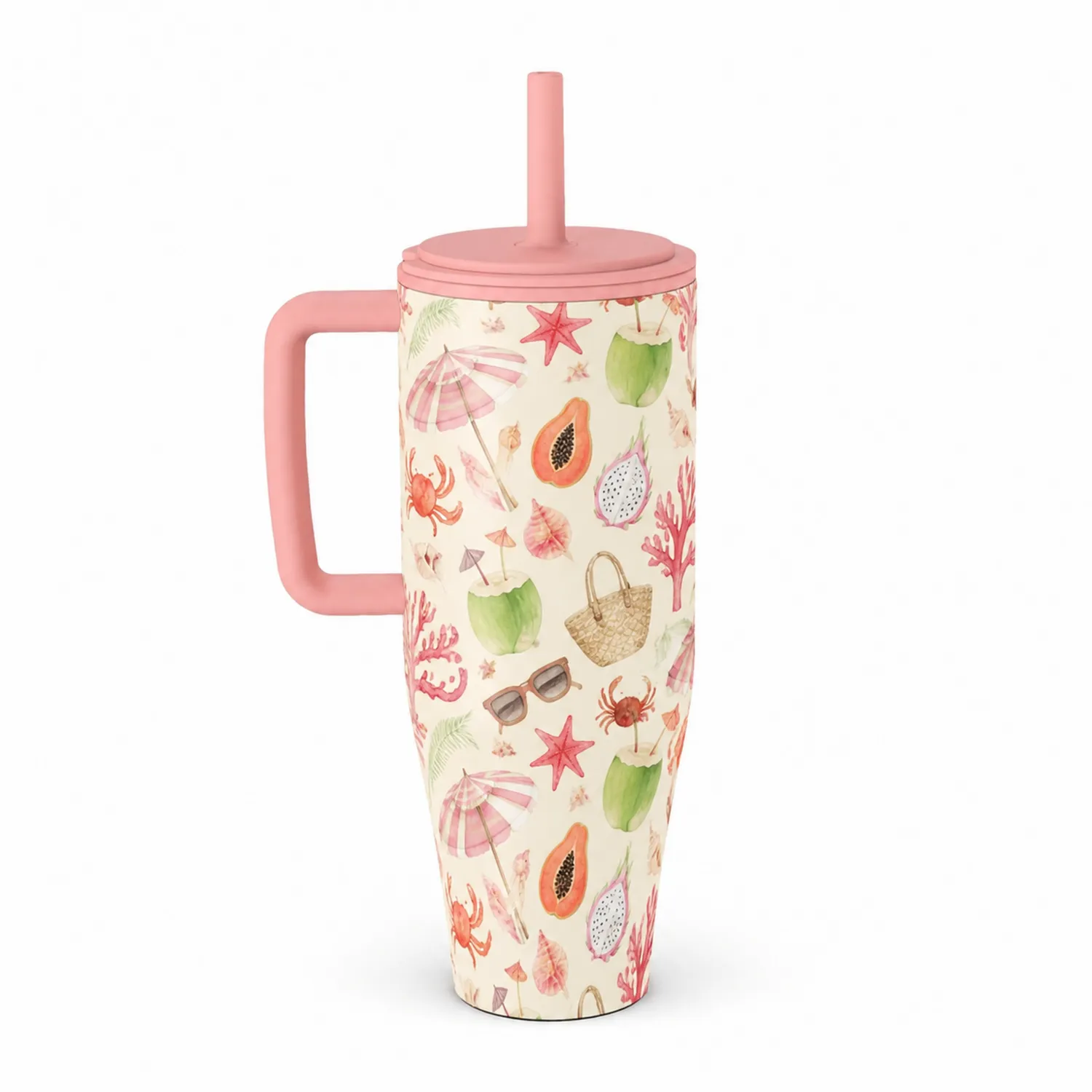 Taza térmica tropical 500ml con pajilla rosa/multicolor