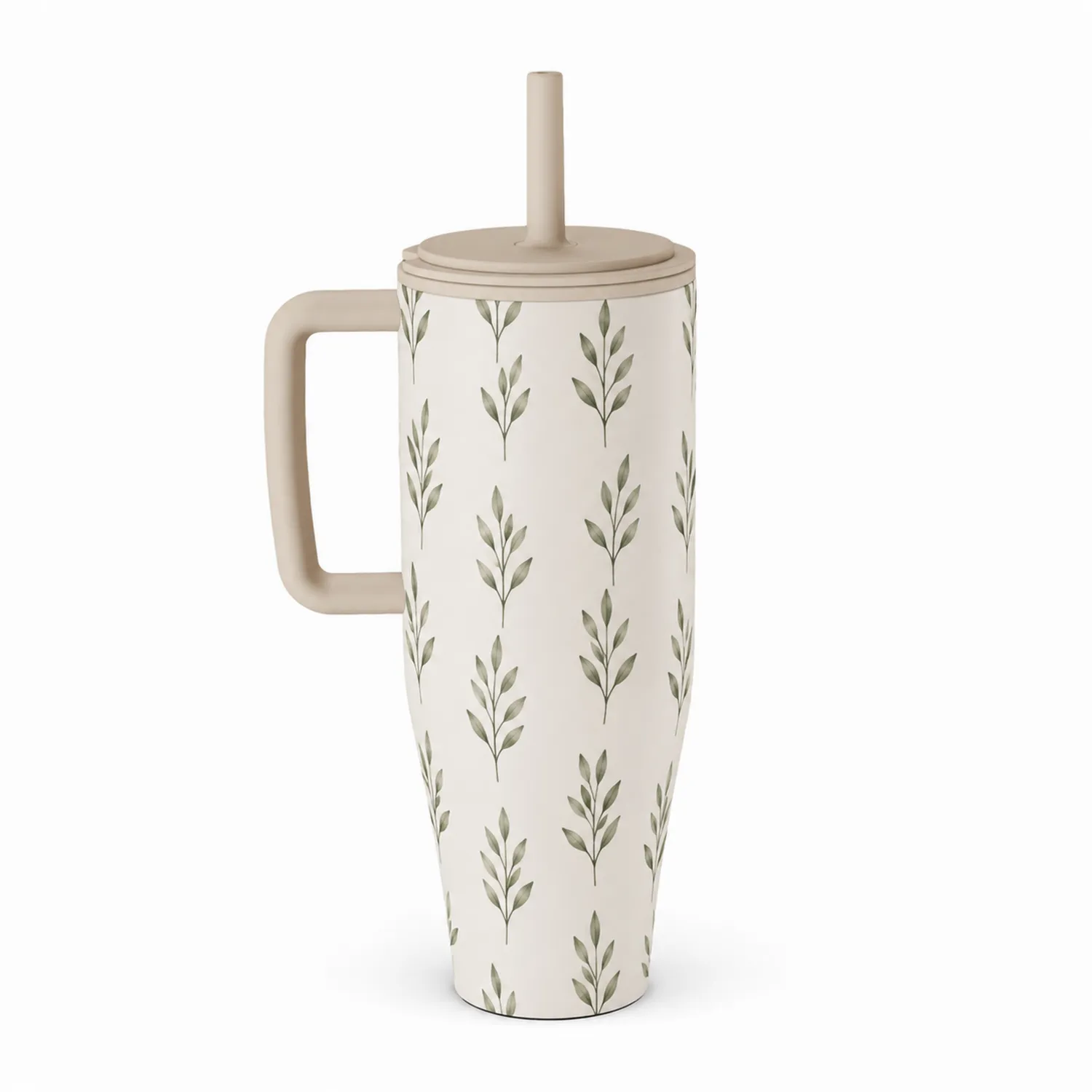 Vaso térmico con diseño de hojas y tapa con pajita 600ml beige