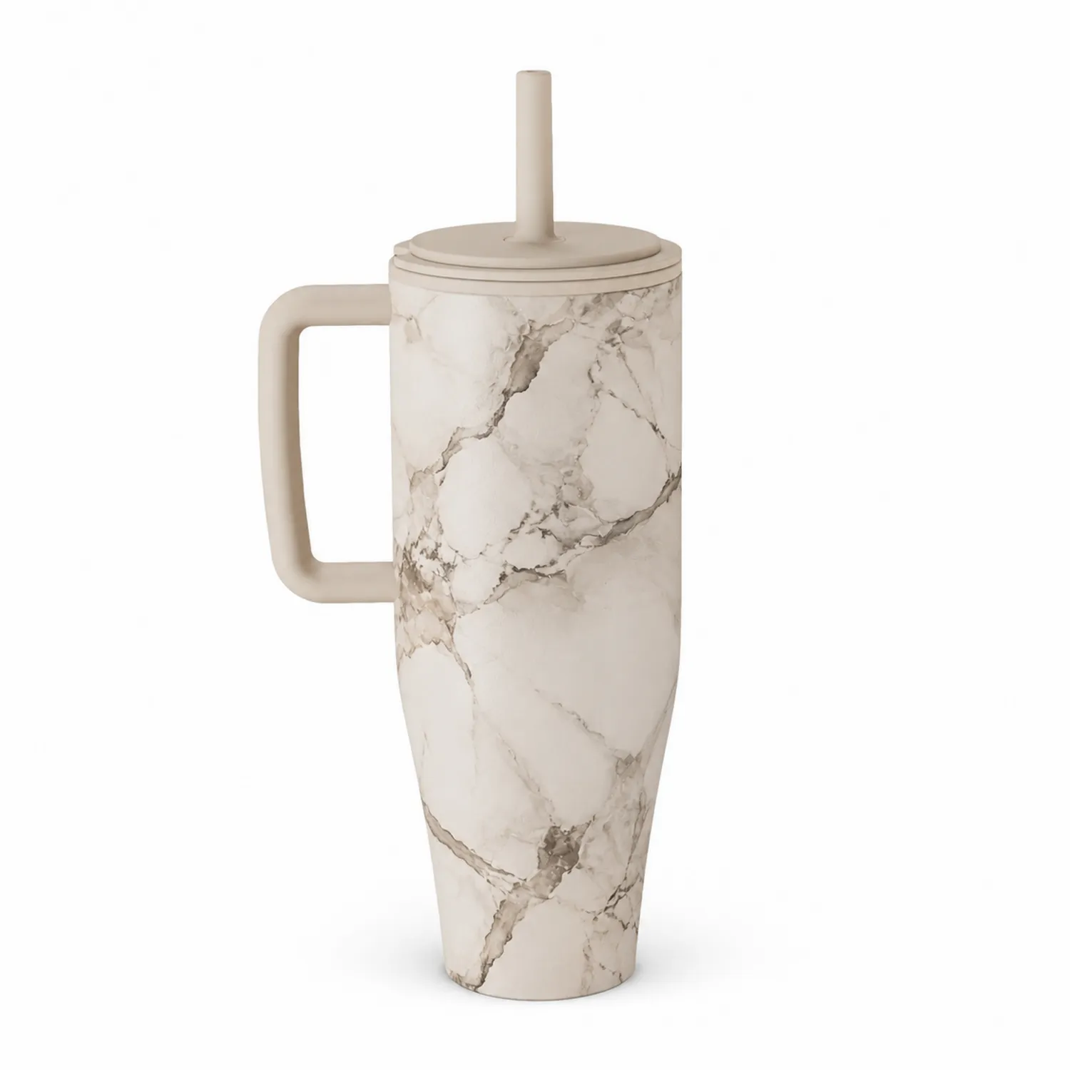 Taza Térmica Mármol Beige con Tapa y Pajita 450ml