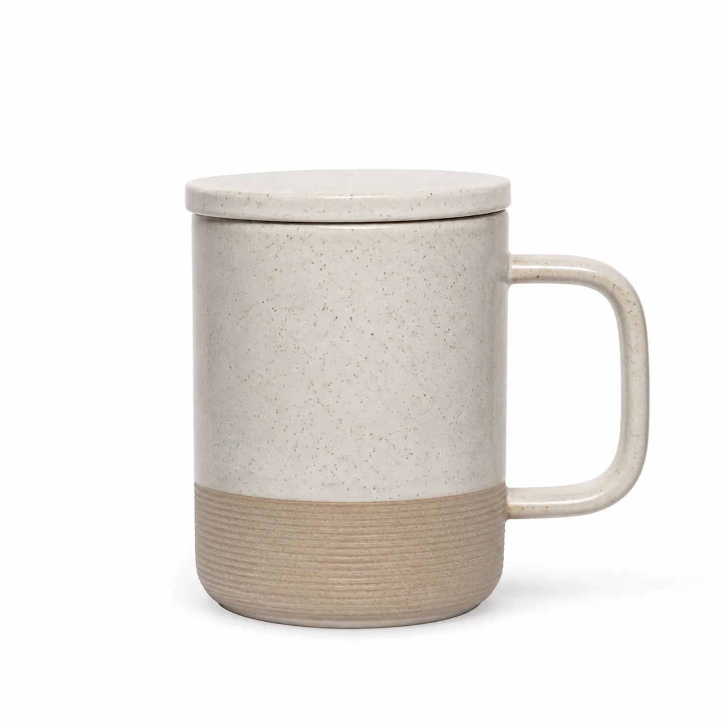 Taza de cerámica con tapa y textura mate blanca