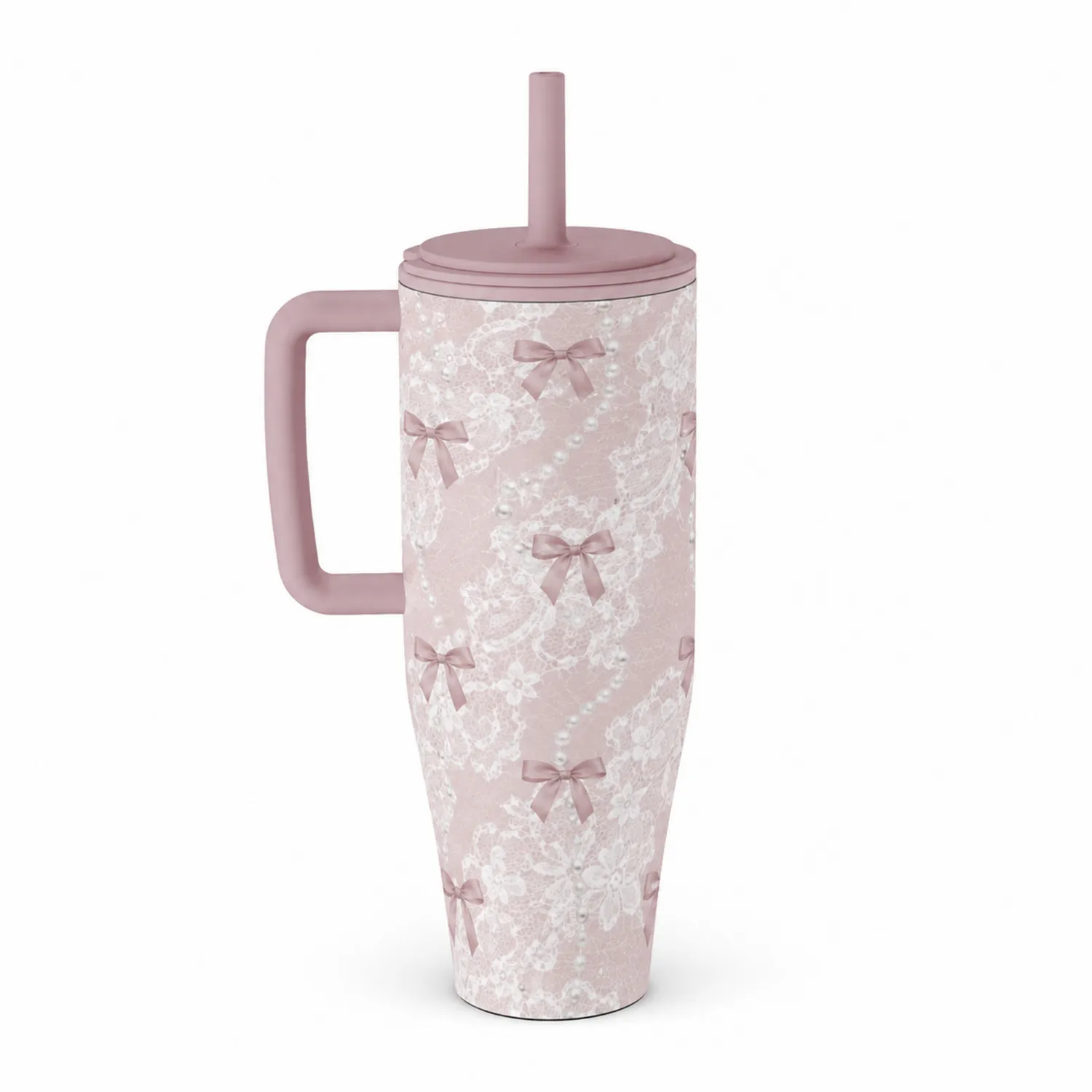 Taza Térmica Reutilizable con Asa Diseño de Lazos Rosa Claro