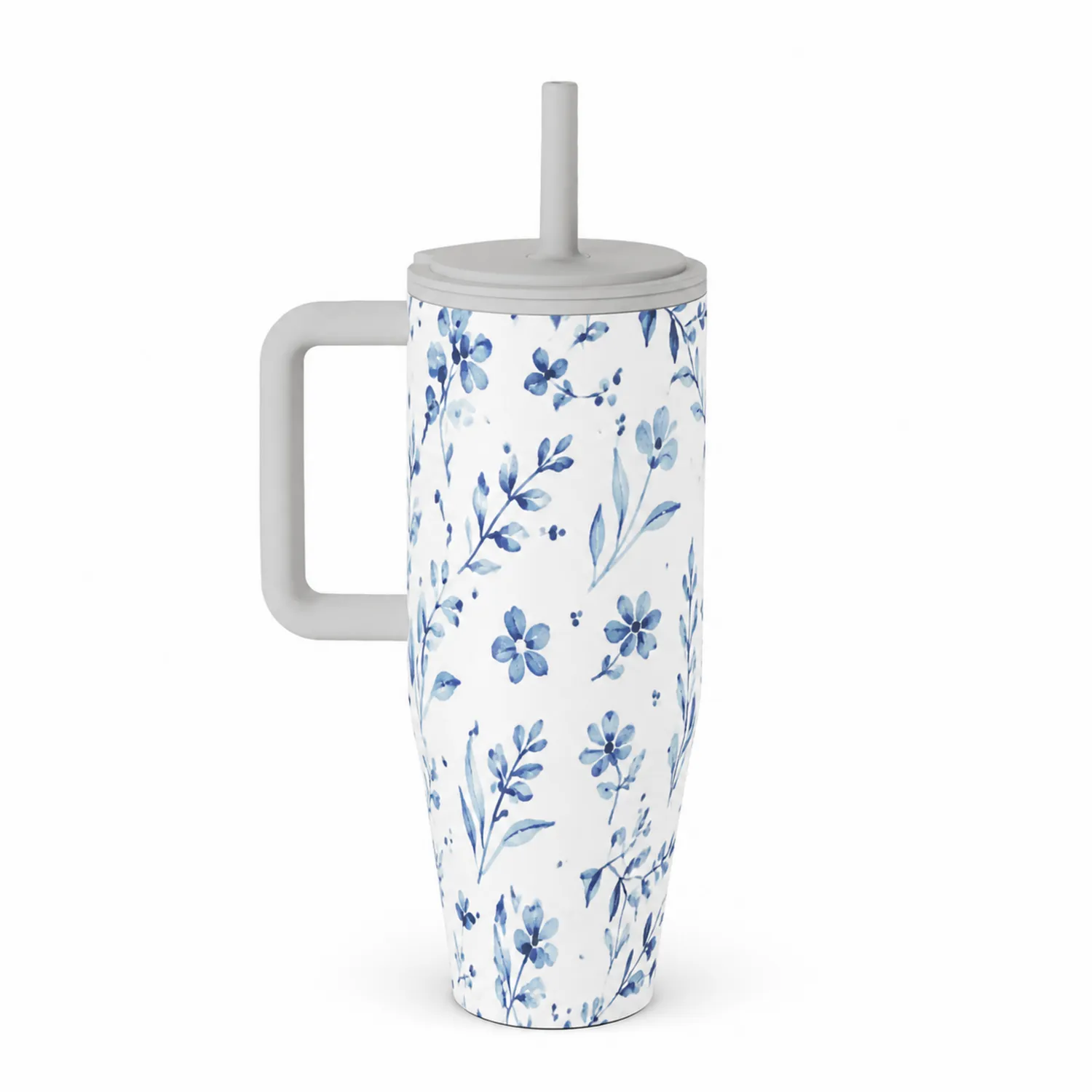 Taza térmica floral azul con tapa y pajita 550ml