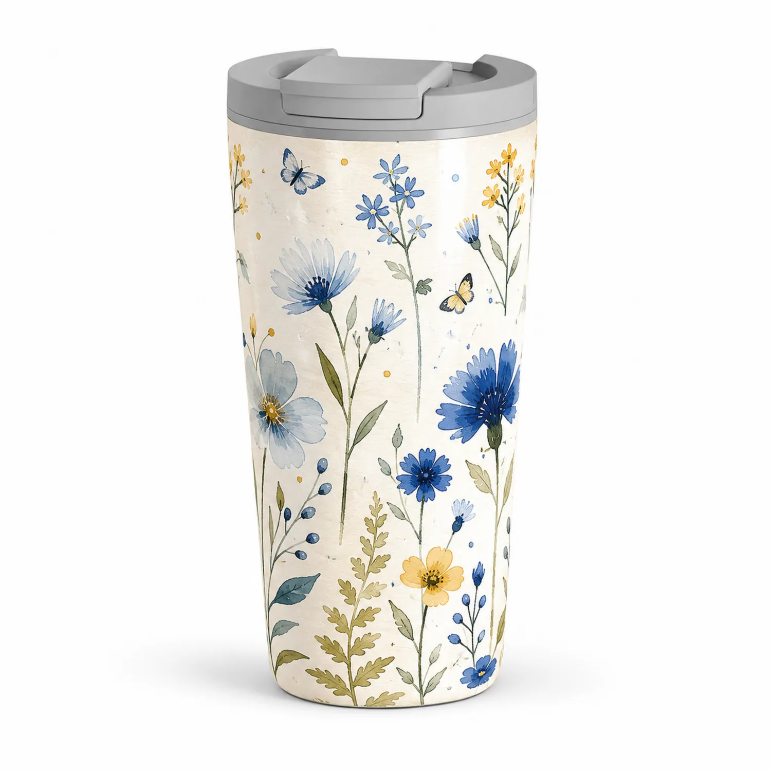Taza Térmica Floral de 500 ml con Diseño Azul y Amarillo