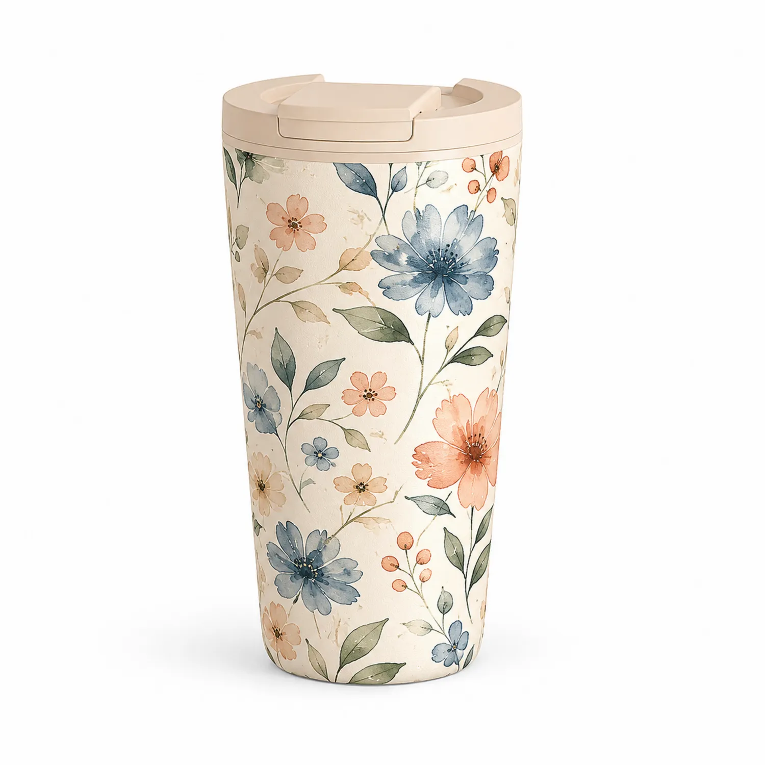 Taza Térmica de Viaje Floral 500ml Beige con Tapa Hermética