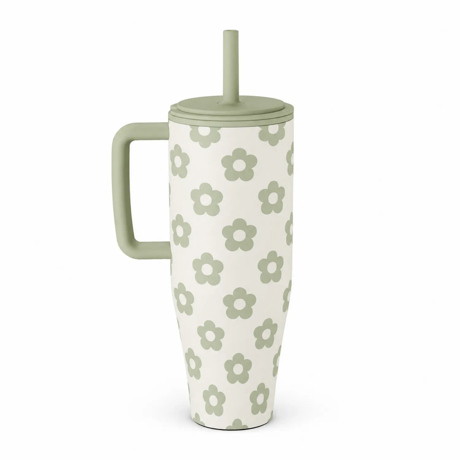 Taza con Tapa y Pajita Diseño Floral Verde Claro