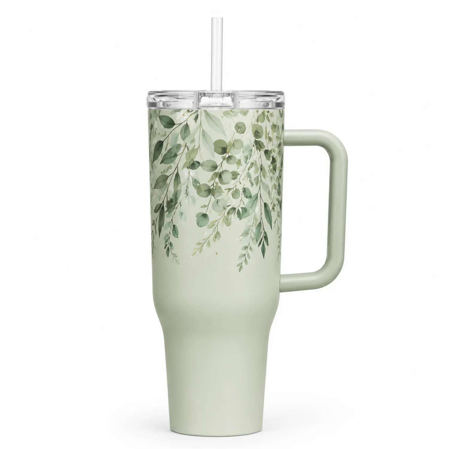 Taza Térmica con Asa y Pajita Diseño Hojas Verdes 850 ml