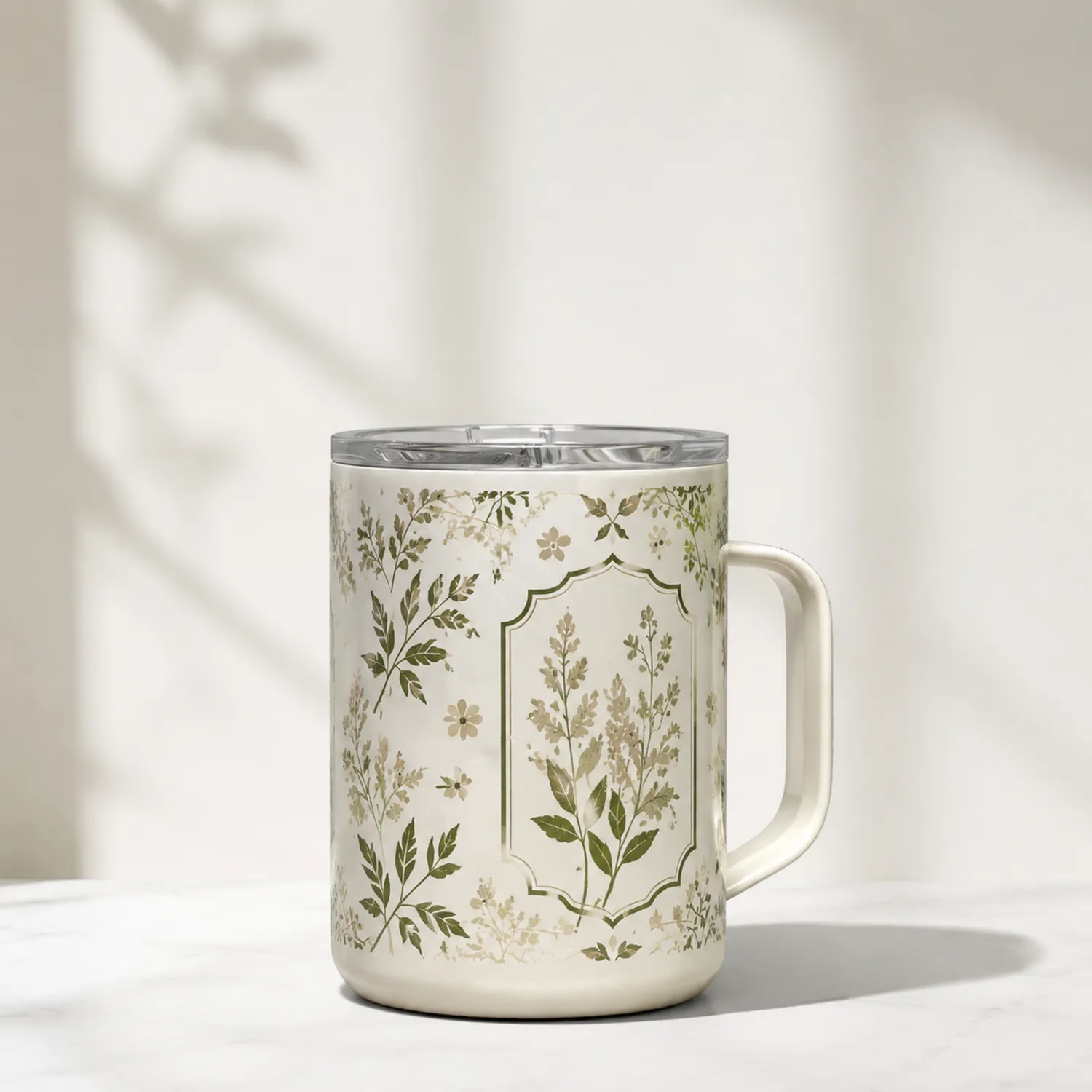 Taza térmica floral 473ml beige con aislamiento