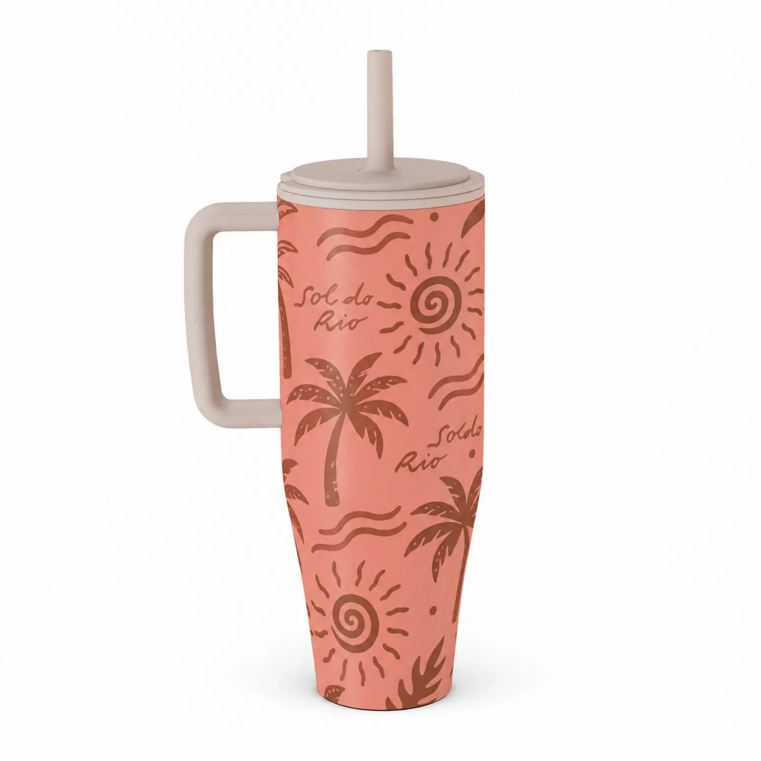 Vaso Térmico con Asa y Tapa de Popote 700 ml Diseño Tropical Sol do Rio Rosa