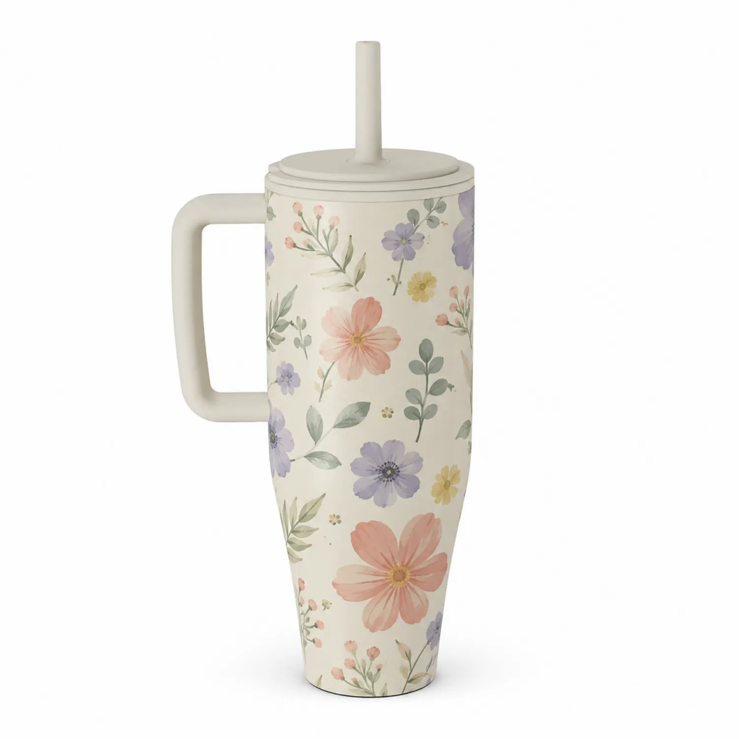 Taza Térmica con Asa y Pajita de Flores