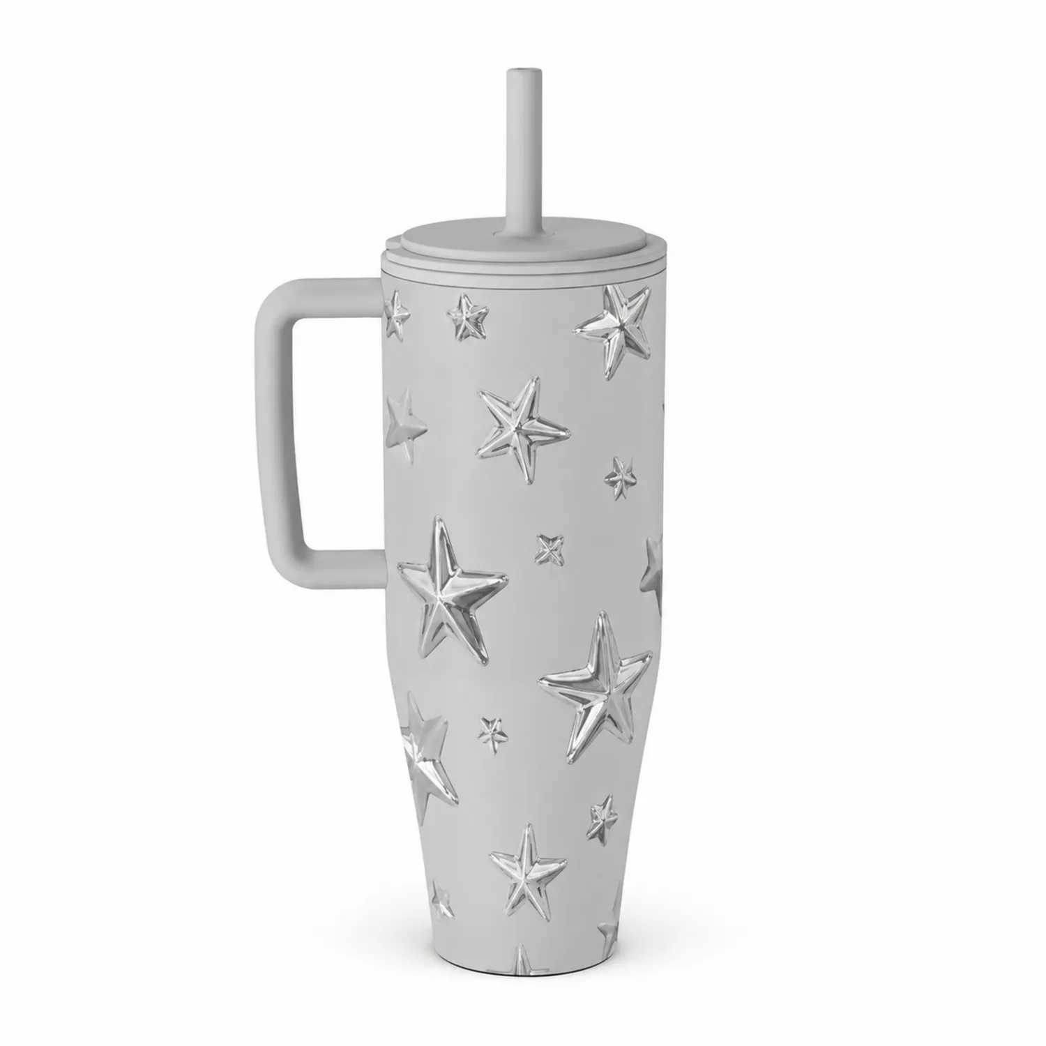 Taza Gris con Estrellas en Relieve y Pajita