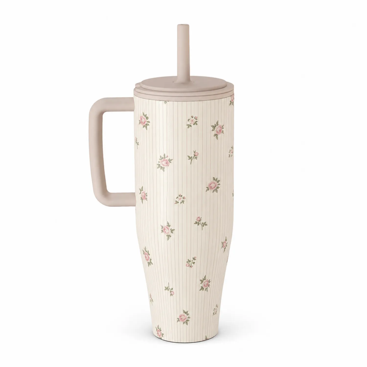Vaso térmico floral con tapa y pajita 700 ml beige
