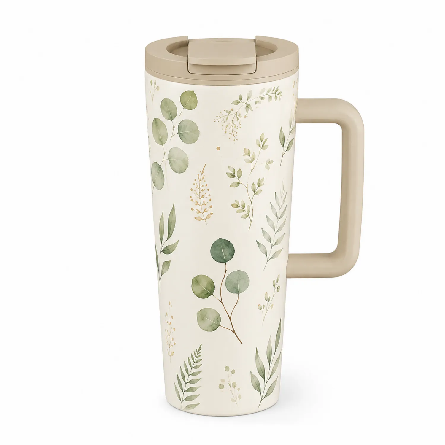 Taza Térmica 470ml con Asa Diseño de Hojas Beige