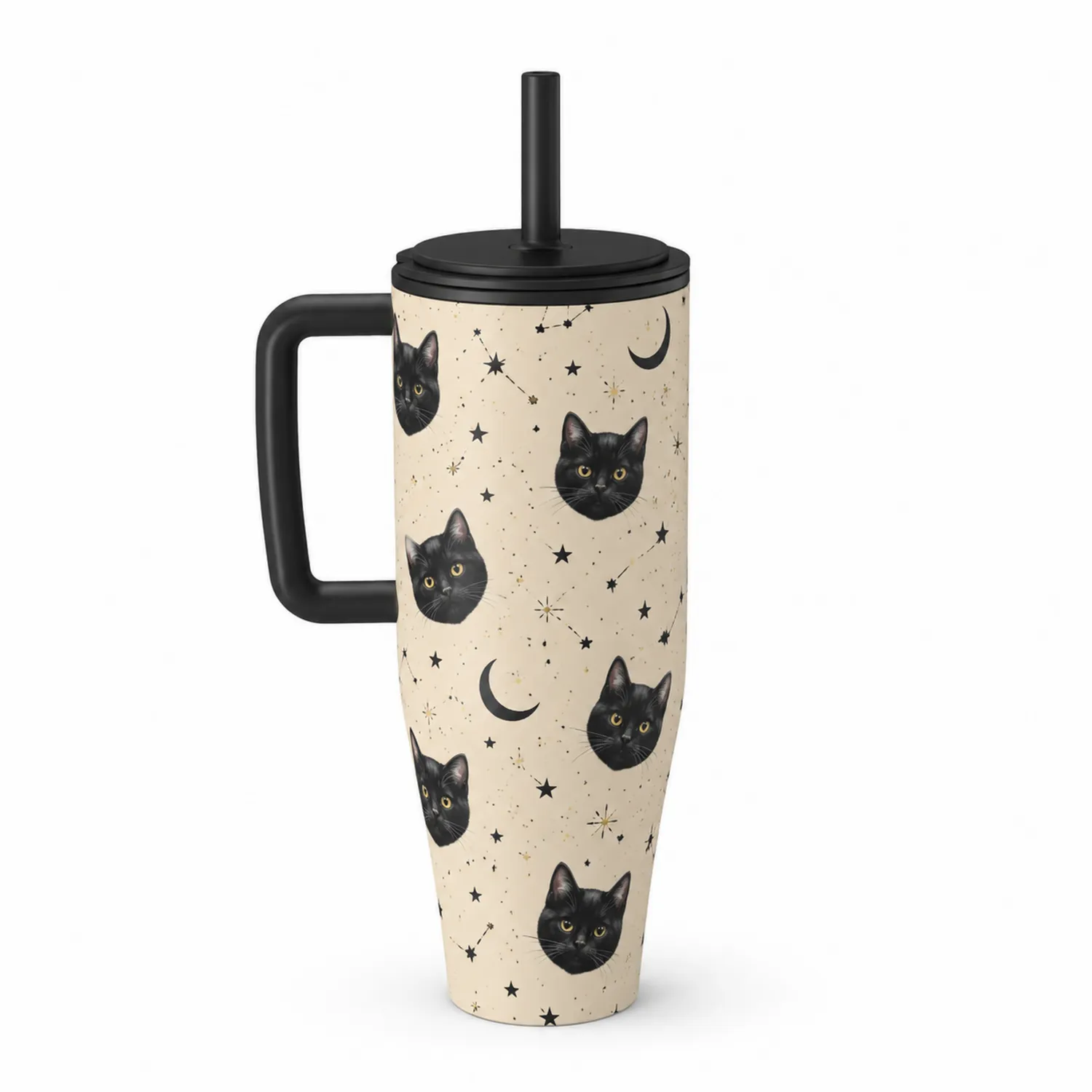 Vaso térmico con pajita diseño de gatos negros 700ml crema