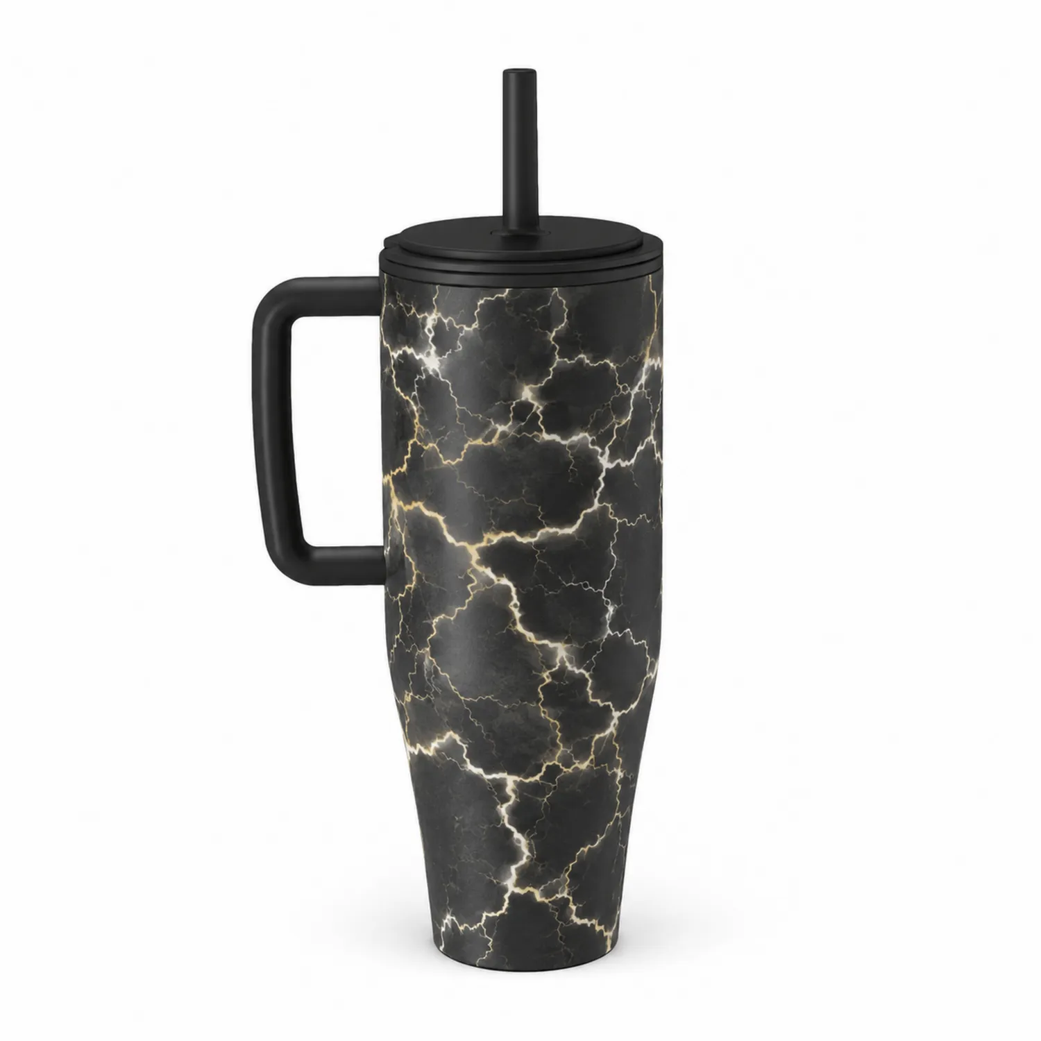 Taza térmica con pajita efecto mármol negro 600ml