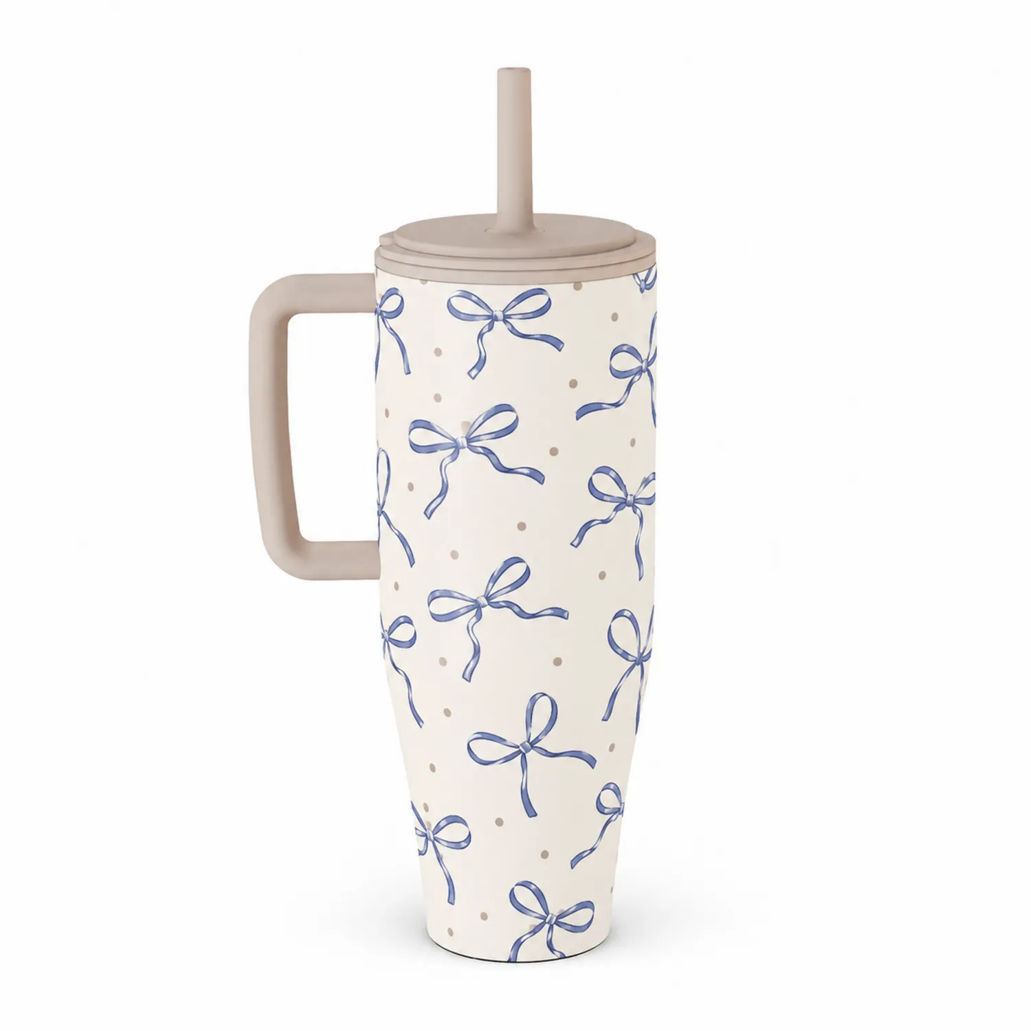 Taza térmica con asa y tapa con pajita, lazos azules