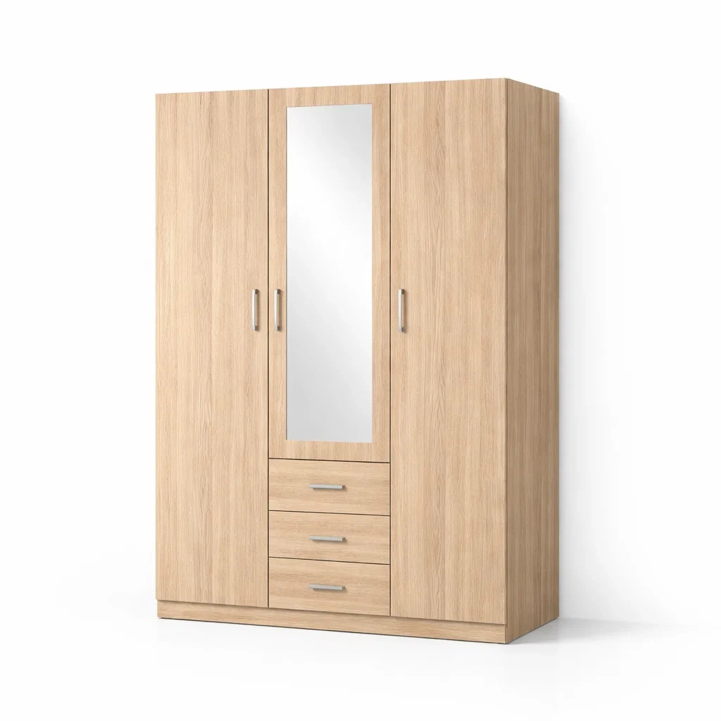Armadio in mdf con specchio e cassetti rovere chiaro-DREAMCHICNEST