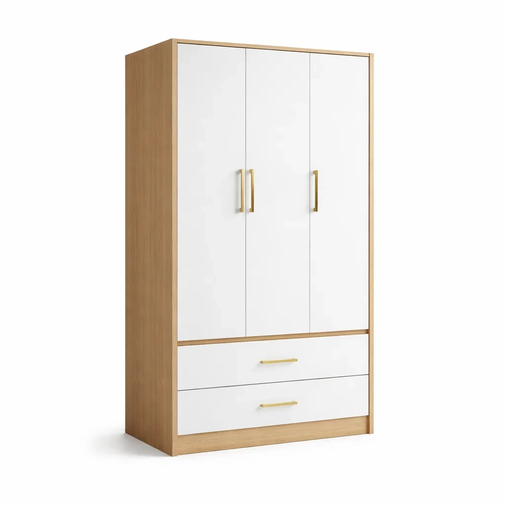 Armadio in legno composito bianco e rovere con ante e cassetti-DREAMCHICNEST